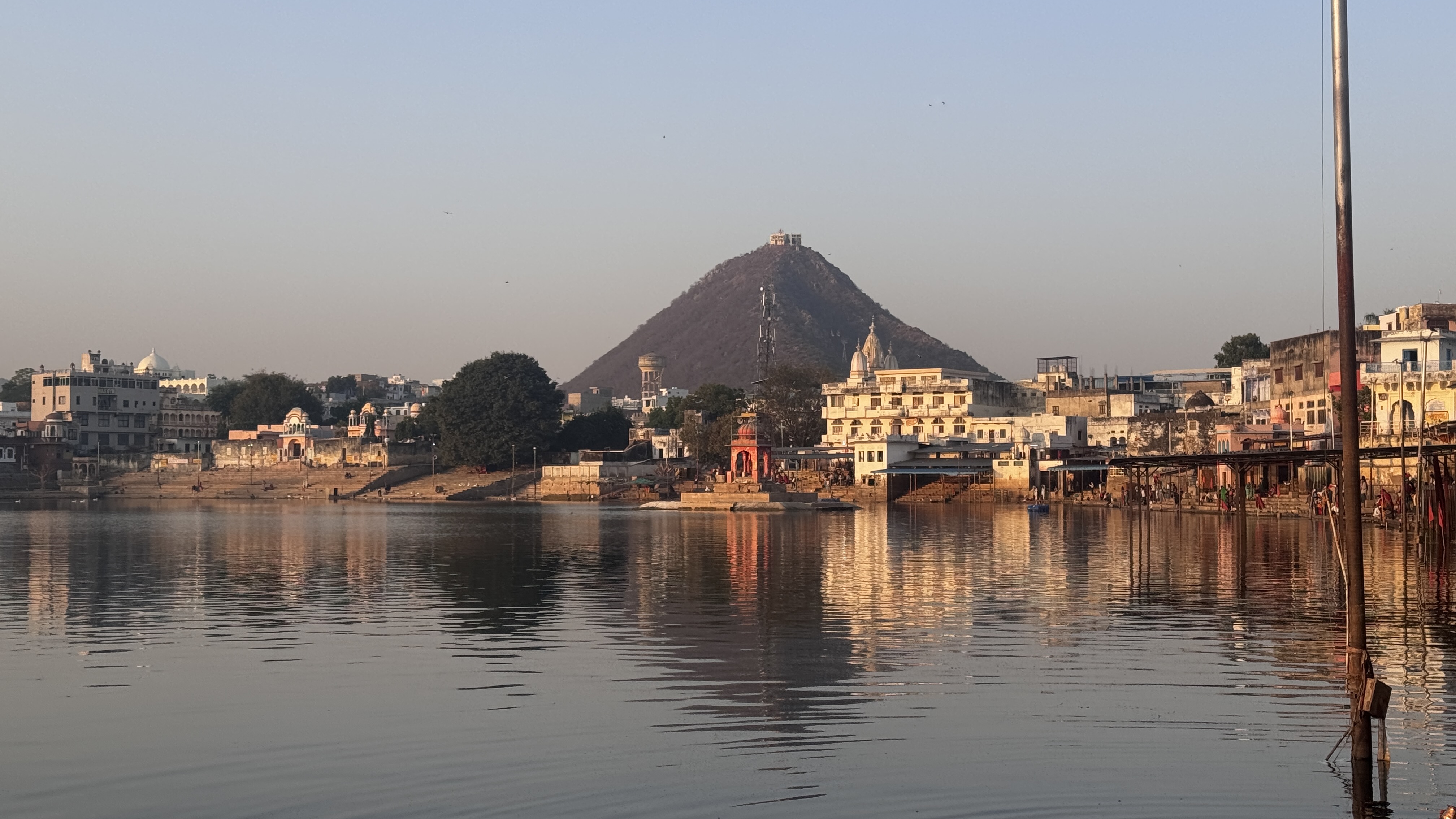 Pushkar Lake and the ghats in the morning, with Savitri temple hill behind